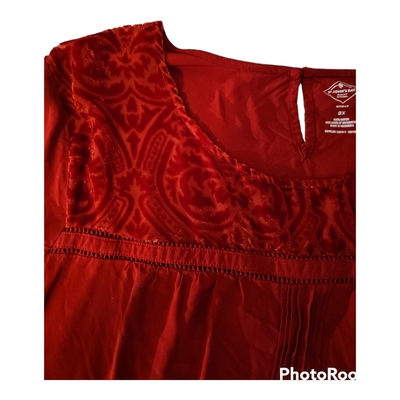 St. John's Bay blouse w/sheer neckline and velvet accents. Red. 3X. - Picture 3 of 6